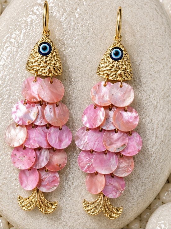 Anthropologie Jewelry - Pink Fish Earrings Evil Eye Statement Coastal Jewelry